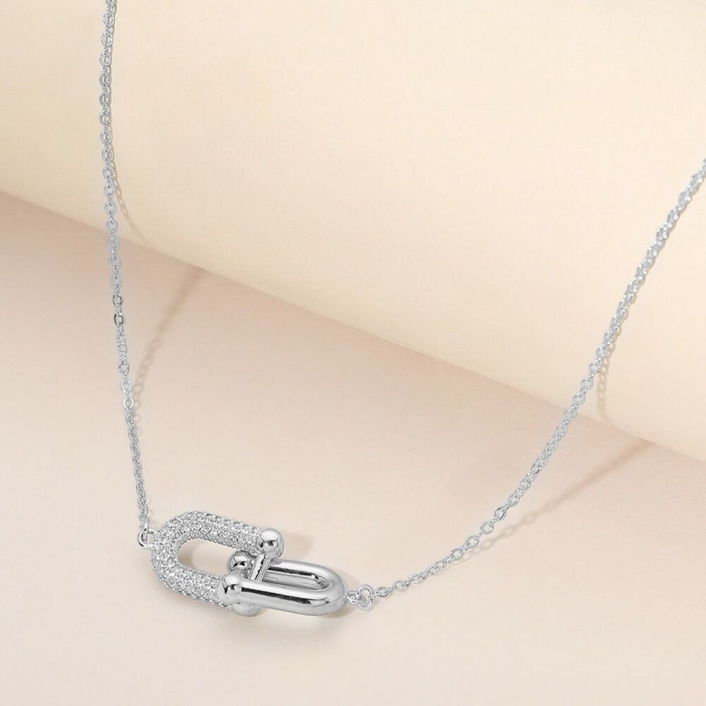 Silver Industrial Chain Link CZ Pendant Necklace Casual Metal Jewelry